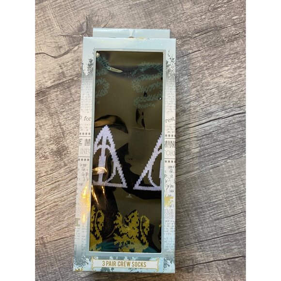 Harry Potter 3 Pair Crew Socks Size 6-12 Deathly Hallows Design Black & Green - Picture 4 of 11